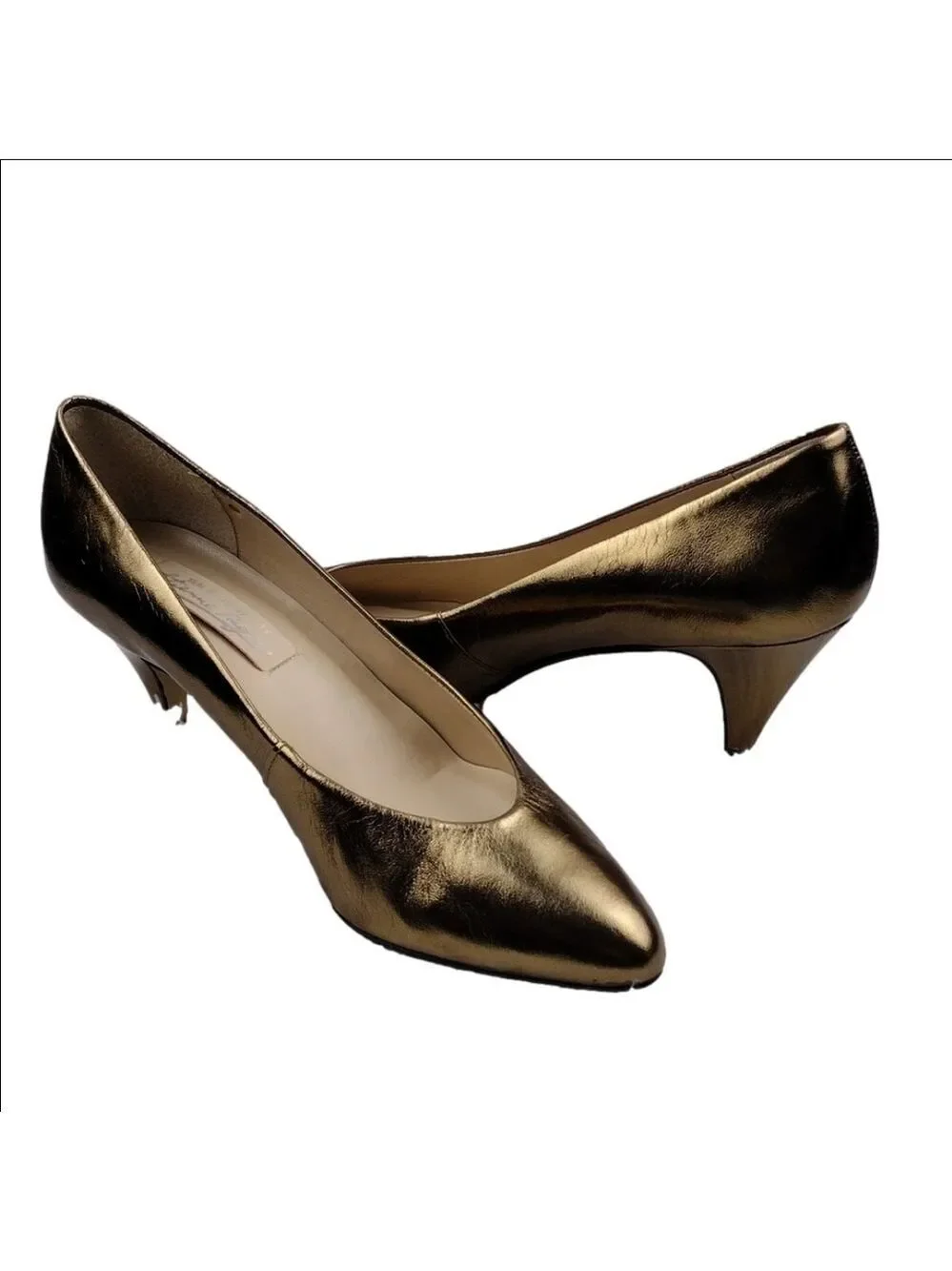 Etienne Aigner Gail Gold Leather  Pointed-Toe Skinny Heel Slip On Pump Shoe